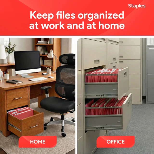 Alt view image 6 of 7 - Hanging File Folders, Letter Size, Red, 1/5-Cut Tabs, 25/Pk Tear-resistant construction for durable everyday document storage and filing