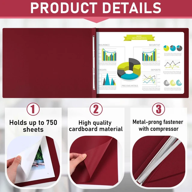 Alt view image 3 of 6 - 40 Pcs 11x17 Inch Pressboard Report Cover, 3" Capacity Presentation Binder Folder with Metal Prong Paper Fastener to Neatly Bind Reports Proposals Transcripts, Other Documents (Burgundy)