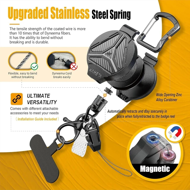 Alt view image 3 of 7 - Retractable Keychain Heavy Duty Carabiner Badge Holder Clip with Magnetic,Tactical Id Badge Reel 32''with Key Ring,Phone Tether, Bearing 15 oz - 4 Pack