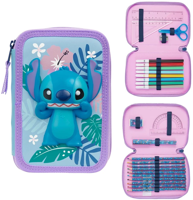 Main image of Stitch Filled Pencil Case with Colored Pencils, Markers, Gifts for Girls Kids, Stationery School Art Supplies Pouch Holder Organizer (Blue Stitch Double Zip)
