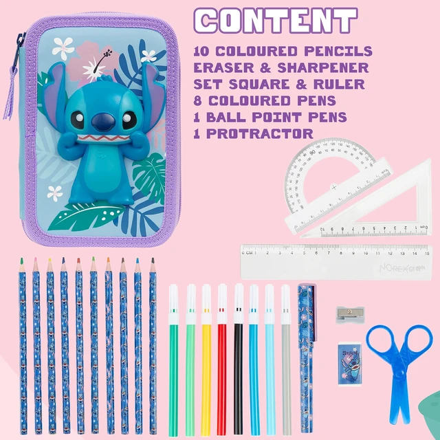 Alt view image 6 of 6 - Stitch Filled Pencil Case with Colored Pencils, Markers, Gifts for Girls Kids, Stationery School Art Supplies Pouch Holder Organizer (Blue Stitch Double Zip)