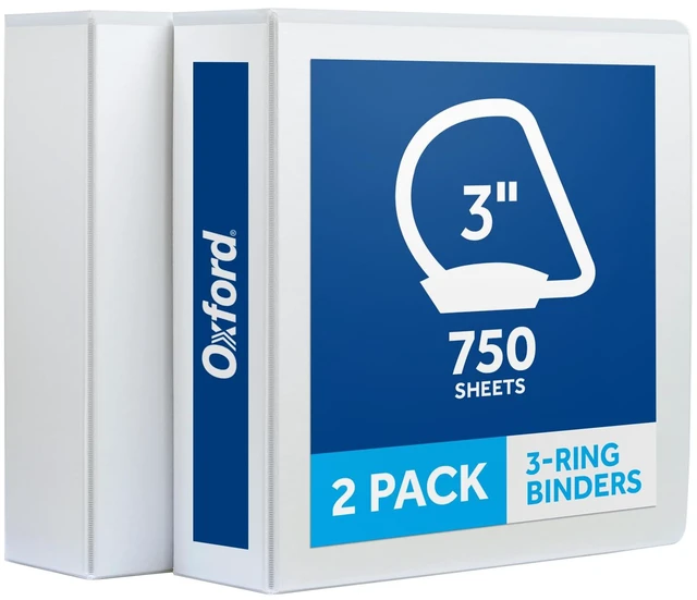 Main image of 3 Inch 3 Ring Binders, 2 Pack, White, Holds 750 Sheets D rings, clear view covers for custom inserts, and 2 inside pockets. PVC free, non stick