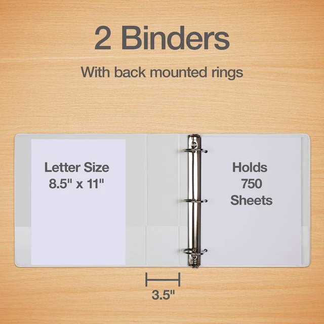 Alt view image 2 of 7 - 3 Inch 3 Ring Binders, 2 Pack, White, Holds 750 Sheets D rings, clear view covers for custom inserts, and 2 inside pockets. PVC free, non stick