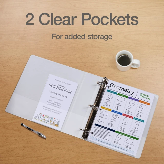 Alt view image 4 of 7 - 3 Inch 3 Ring Binders, 2 Pack, White, Holds 750 Sheets D rings, clear view covers for custom inserts, and 2 inside pockets. PVC free, non stick