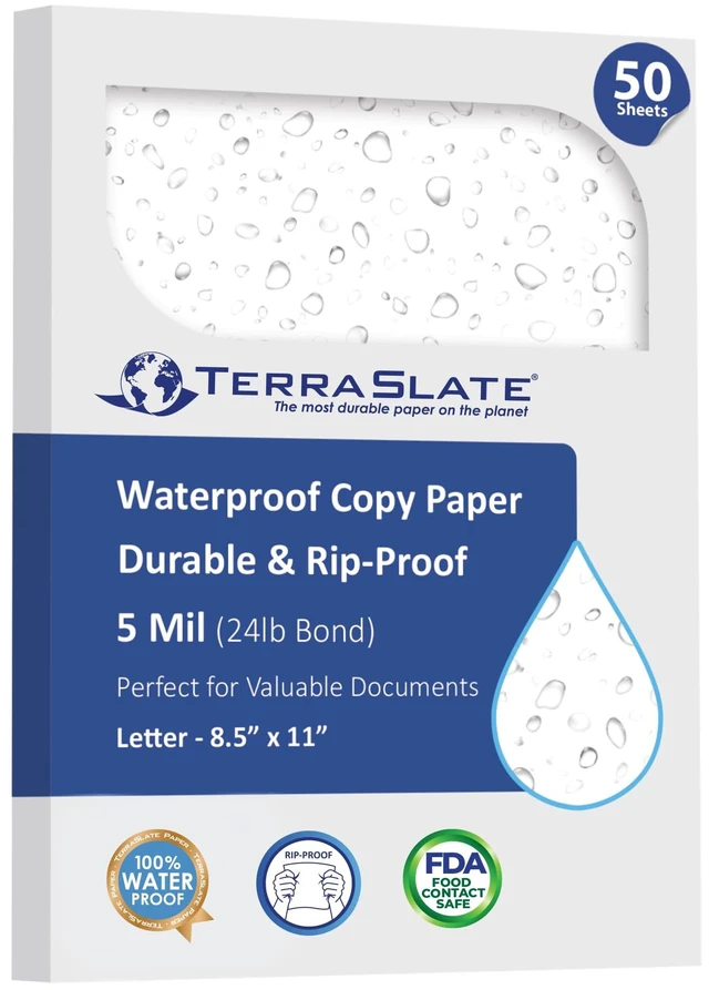 Main image of Waterproof Paper, 5 Mil 8.5 x 11, Laser Printer & Copy Machine Compatible, Durable & Rain/Weather-Proof Copy Paper, White (50 Sheets)