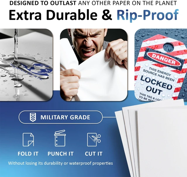 Alt view image 3 of 7 - Waterproof Paper, 5 Mil 8.5 x 11, Laser Printer & Copy Machine Compatible, Durable & Rain/Weather-Proof Copy Paper, White (50 Sheets)