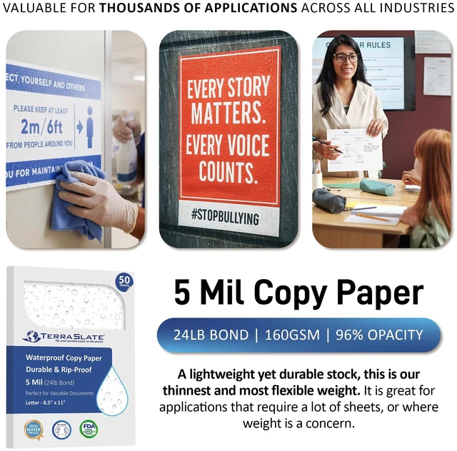 Alt view image 6 of 7 - Waterproof Paper, 5 Mil 8.5 x 11, Laser Printer & Copy Machine Compatible, Durable & Rain/Weather-Proof Copy Paper, White (50 Sheets)