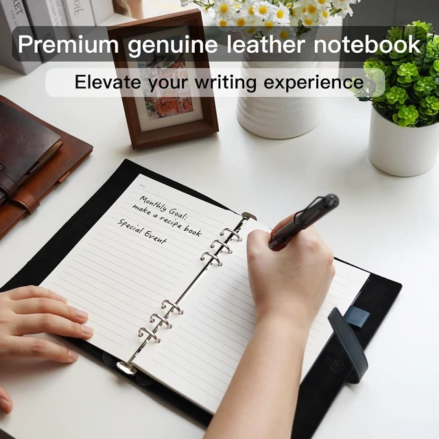 Alt view image 2 of 6 - Refillable A5 Leather Binder Notebook, Reusable Leather Journal, Vintage Organizer with 6-Ring Metal Binder, 120 Pages Lined Paper & Pocket, for Writers Business Work Study College and Daily, Blue