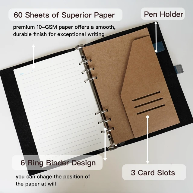 Alt view image 3 of 6 - Refillable A5 Leather Binder Notebook, Reusable Leather Journal, Vintage Organizer with 6-Ring Metal Binder, 120 Pages Lined Paper & Pocket, for Writers Business Work Study College and Daily, Blue