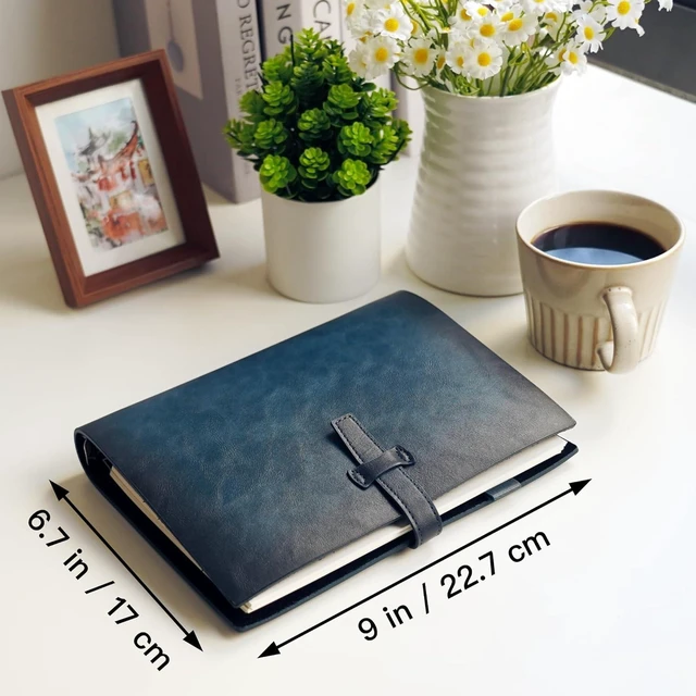 Alt view image 4 of 6 - Refillable A5 Leather Binder Notebook, Reusable Leather Journal, Vintage Organizer with 6-Ring Metal Binder, 120 Pages Lined Paper & Pocket, for Writers Business Work Study College and Daily, Blue