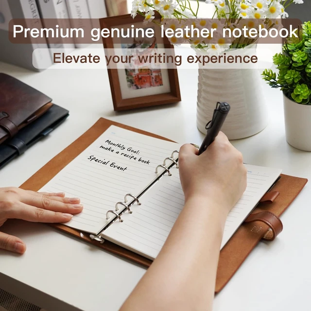 Alt view image 2 of 6 - Refillable A5 Leather Binder Notebook, Reusable Leather Journal, Vintage Organizer with 6-Ring Binder, 120 Pages Lined Paper & Pocket, for Writers Business Work Study College and Daily, Light Brown