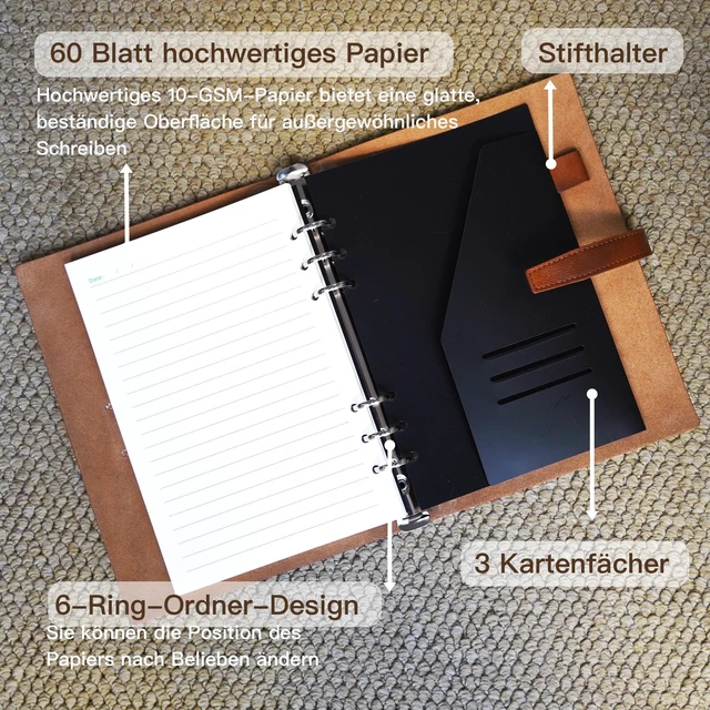 Alt view image 3 of 6 - Refillable A5 Leather Binder Notebook, Reusable Leather Journal, Vintage Organizer with 6-Ring Binder, 120 Pages Lined Paper & Pocket, for Writers Business Work Study College and Daily, Light Brown