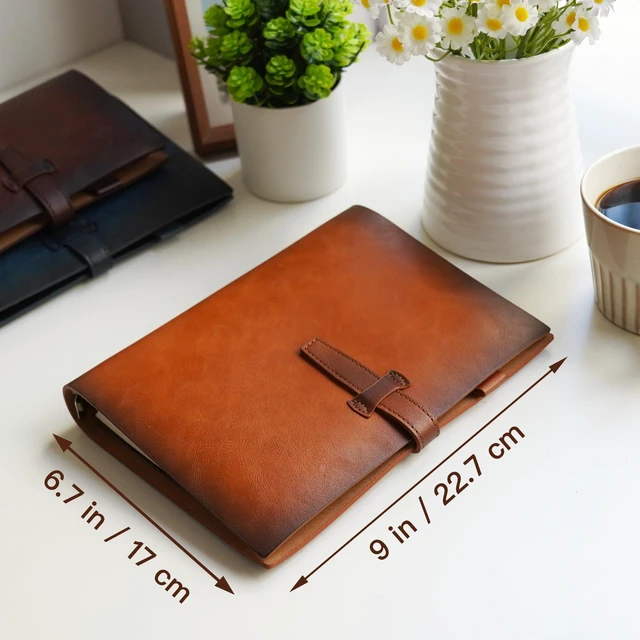 Alt view image 4 of 6 - Refillable A5 Leather Binder Notebook, Reusable Leather Journal, Vintage Organizer with 6-Ring Binder, 120 Pages Lined Paper & Pocket, for Writers Business Work Study College and Daily, Light Brown