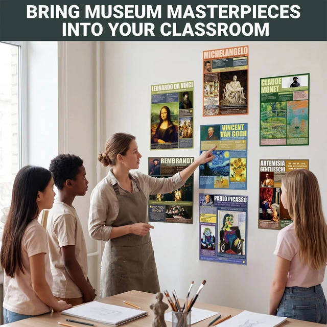 Alt view image 2 of 6 - Famous Art Posters for Classroom, 16 Pack History Painting 11x14 Diverse Women & Men Artists Famous Wall Art - Matte-Laminated 250gsm Van Gogh Monet Picasso Kahlo Educational Print Set