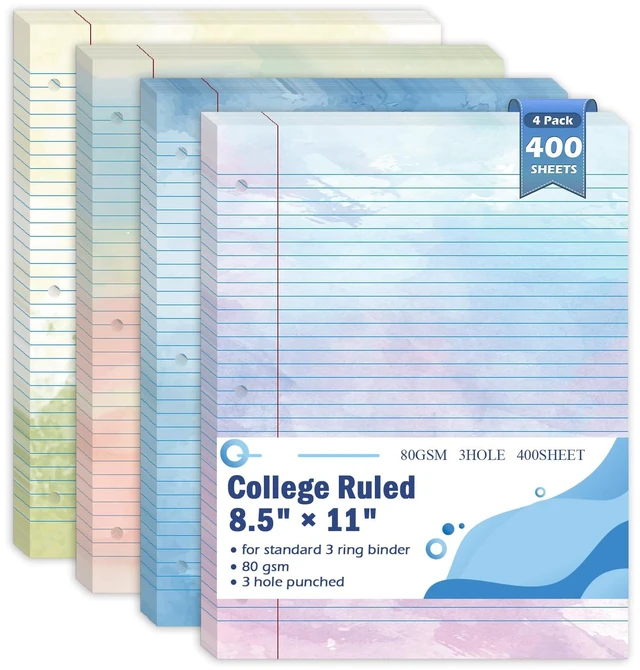 Main image of 400 Sheets Letter Size Colored Loose Leaf Paper College Ruled For 3-Ring Binder 8.5" × 11" Colored Lined Filler Notebook Paper College Ruled Notepad 3-Hole Punched Watercolor 80gsm For School Office