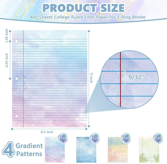 Alt view image 2 of 7 - 400 Sheets Letter Size Colored Loose Leaf Paper College Ruled For 3-Ring Binder 8.5" × 11" Colored Lined Filler Notebook Paper College Ruled Notepad 3-Hole Punched Watercolor 80gsm For School Office