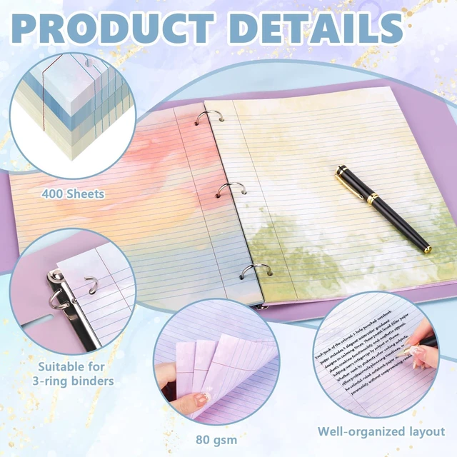 Alt view image 3 of 7 - 400 Sheets Letter Size Colored Loose Leaf Paper College Ruled For 3-Ring Binder 8.5" × 11" Colored Lined Filler Notebook Paper College Ruled Notepad 3-Hole Punched Watercolor 80gsm For School Office