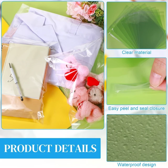Alt view image 3 of 6 - 600 Pcs Cello Bags, 9''x12'', 10''x13'', 11''x14", 12''x15" Clear Plastic Cellophane Bags, Self Adhesive Resealable for Shipping Clothes, Poly Packaging Bulk for Art Prints Business