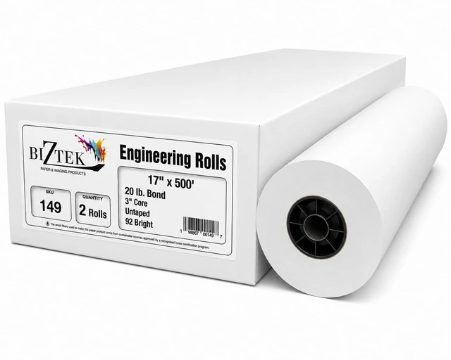 Main image of Wide Format Paper 17" x 500' Bond Engineering 20lb 92 Bright 4 Rolls 3" Core