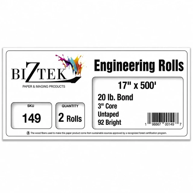 Alt view image 2 of 7 - Wide Format Paper 17" x 500' Bond Engineering 20lb 92 Bright 4 Rolls 3" Core