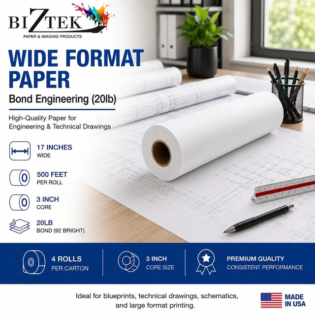 Alt view image 4 of 7 - Wide Format Paper 17" x 500' Bond Engineering 20lb 92 Bright 4 Rolls 3" Core