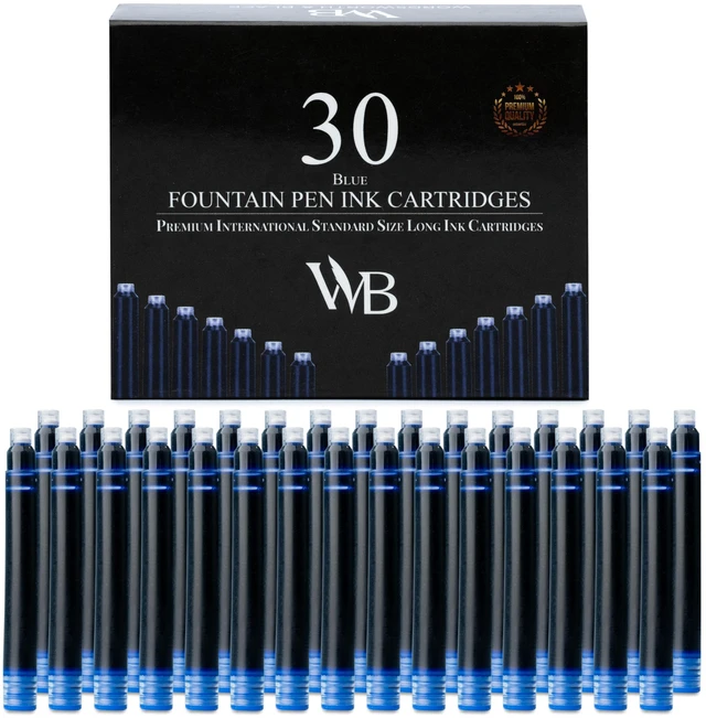 Main image of Fountain Pen Ink Cartridge Refills, 30 Pack, Blue Fits Most Pens, International Standard Size, Smooth Flow, Quick-Drying, Journaling Calligraphy, Generic Disposable, Vegan