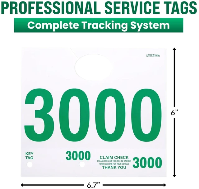 Alt view image 2 of 6 - Automotive Service Tag Numbers Dispatch Numbers (3000-3999) Red Green Service Auto Dealer Vehicle Repair Mirror Hang Tags - 2-Sided Tracking System Signs