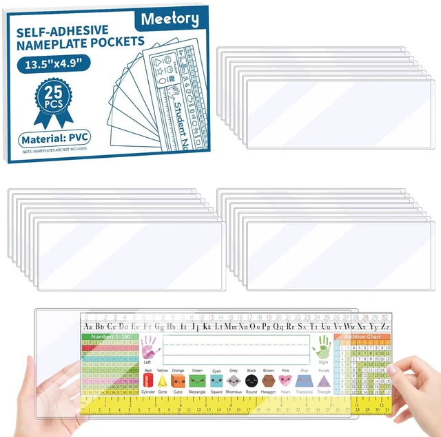 Main image of 25 PCS 13.5 x 4.9 Clear Reusable Nameplate Pocket Upgraded Thickened Material Self-Adhesive Desk Name Tag- Covers for School Classroom Desk, Office Supplies, NOT Include Name Tags