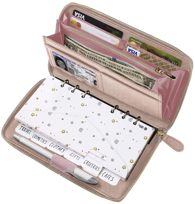 Main image of Cash Envelope Wallet Rose Gold All in One Budget System RFID Blocking with 12x Tabbed Envelopes 12x Monthly Budget Cards 1x Yearly Budget Planner Sheet Complete Money Organizer Set