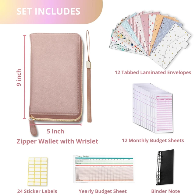 Alt view image 2 of 6 - Cash Envelope Wallet Rose Gold All in One Budget System RFID Blocking with 12x Tabbed Envelopes 12x Monthly Budget Cards 1x Yearly Budget Planner Sheet Complete Money Organizer Set