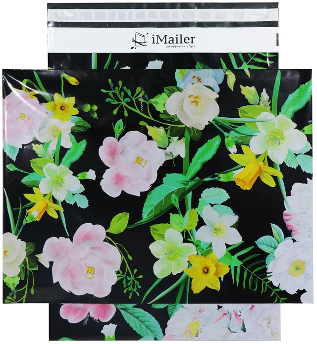 Main image of 100 Count - 14.5" x 19" Poly Mailer Mailing Black Flower Envelope Shipping Package Bags-Self Seal