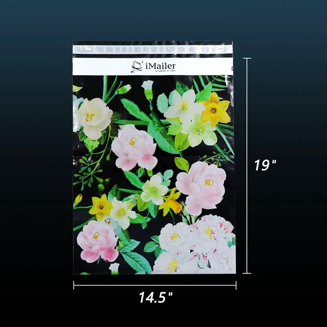 Alt view image 2 of 6 - 100 Count - 14.5" x 19" Poly Mailer Mailing Black Flower Envelope Shipping Package Bags-Self Seal