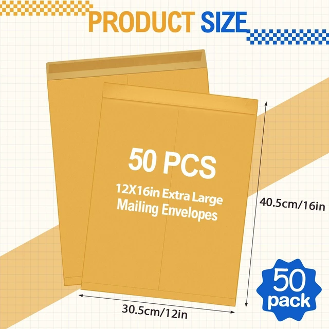 Alt view image 2 of 7 - 50 Pcs 12'' x 16'' Large Mailing Envelopes 32lb with Gummed Flaps Yellow Heavyweight Kraft Paper, Catalog Jumbo Size for Documents, Office Storage and Organizing Supplies, Self-seal Flap