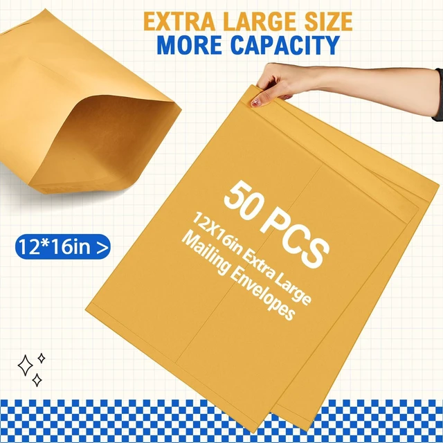 Alt view image 4 of 7 - 50 Pcs 12'' x 16'' Large Mailing Envelopes 32lb with Gummed Flaps Yellow Heavyweight Kraft Paper, Catalog Jumbo Size for Documents, Office Storage and Organizing Supplies, Self-seal Flap