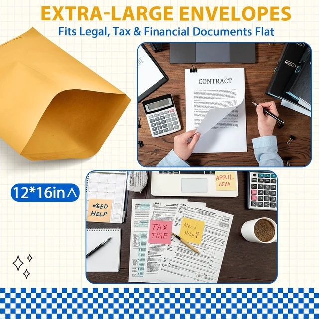 Alt view image 3 of 7 - 50 Pcs 12'' x 16'' Large Mailing Envelopes 32lb with Gummed Flaps Yellow Heavyweight Kraft Paper, Catalog Jumbo Size for Documents, Office Storage and Organizing Supplies, Self-seal Flap