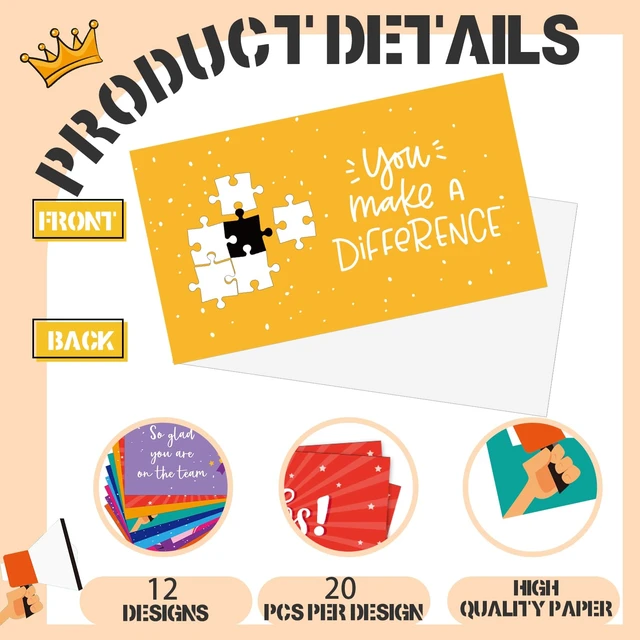 Alt view image 3 of 7 - Employee Appreciation Cards Kudos Notes Motivational Blank,Classic 12 Designs for Coworker Recognition, Gratitude Cards Bulk, Encouragement Notes for Teacher Team, Blank Back for Messages