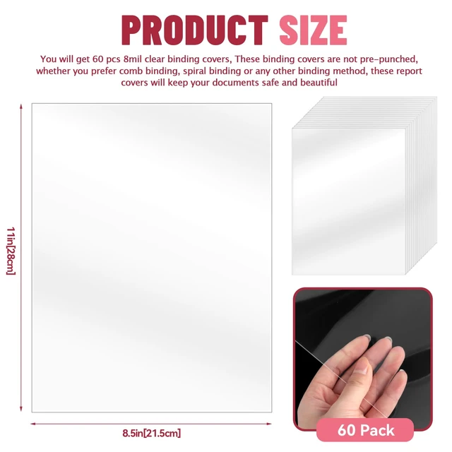Alt view image 2 of 7 - 60 Pack Clear Binding Covers 8 Mil, 8.5x11 Inch Letter Size,Quality Un-Punched Report Covers, Plastic Covers for Home Office Presentation Document Binding, Square Corners