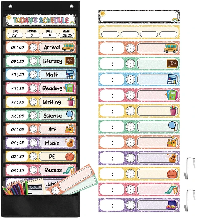 Main image of Daily Schedule Pocket Chart, 14 Pockets, 31 Pastel Composition Cards Fabric Pocket Chart for Classroom Organization, Reusable Schedule Cards, Back to School Classroom door wall Decorations