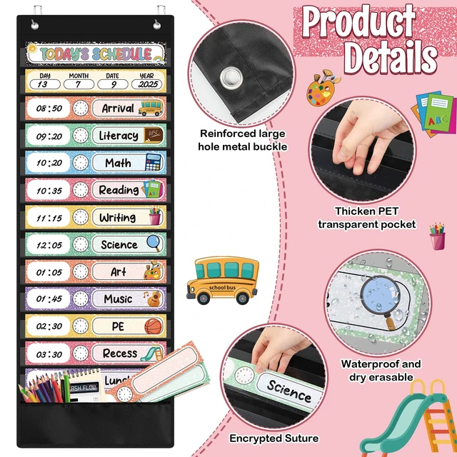 Alt view image 3 of 7 - Daily Schedule Pocket Chart, 14 Pockets, 31 Pastel Composition Cards Fabric Pocket Chart for Classroom Organization, Reusable Schedule Cards, Back to School Classroom door wall Decorations