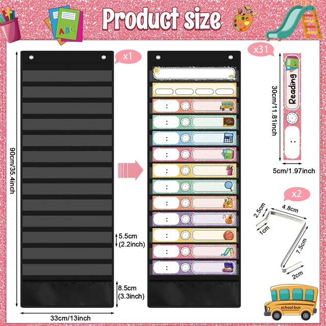 Alt view image 2 of 7 - Daily Schedule Pocket Chart, 14 Pockets, 31 Pastel Composition Cards Fabric Pocket Chart for Classroom Organization, Reusable Schedule Cards, Back to School Classroom door wall Decorations