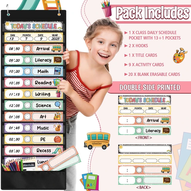 Alt view image 4 of 7 - Daily Schedule Pocket Chart, 14 Pockets, 31 Pastel Composition Cards Fabric Pocket Chart for Classroom Organization, Reusable Schedule Cards, Back to School Classroom door wall Decorations