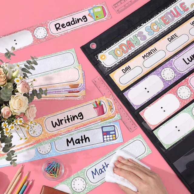Alt view image 5 of 7 - Daily Schedule Pocket Chart, 14 Pockets, 31 Pastel Composition Cards Fabric Pocket Chart for Classroom Organization, Reusable Schedule Cards, Back to School Classroom door wall Decorations