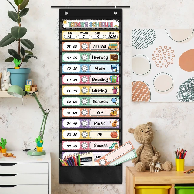 Alt view image 6 of 7 - Daily Schedule Pocket Chart, 14 Pockets, 31 Pastel Composition Cards Fabric Pocket Chart for Classroom Organization, Reusable Schedule Cards, Back to School Classroom door wall Decorations