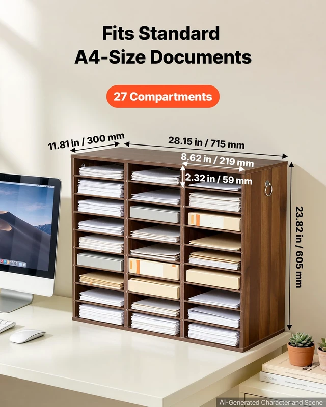 Alt view image 2 of 7 - Wood Literature Organizer 27 Compartments Office Mailboxes Brown Countertop Literature Sorter for Files Documents Papers, with Adjustable Shelves, for Office, Home, Classroom Organization