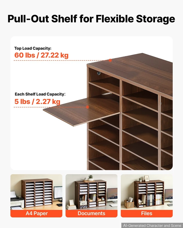 Alt view image 4 of 7 - Wood Literature Organizer 27 Compartments Office Mailboxes Brown Countertop Literature Sorter for Files Documents Papers, with Adjustable Shelves, for Office, Home, Classroom Organization