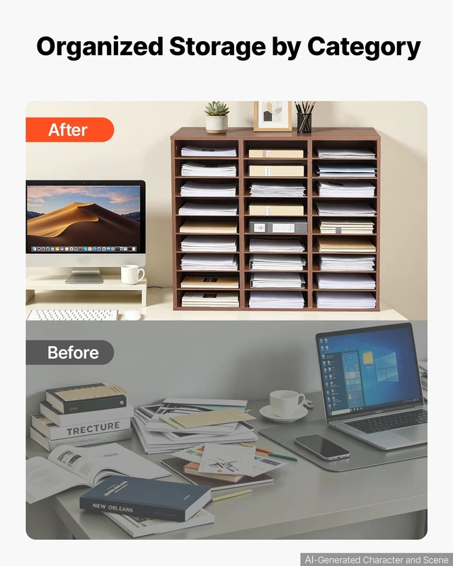 Alt view image 3 of 7 - Wood Literature Organizer 27 Compartments Office Mailboxes Brown Countertop Literature Sorter for Files Documents Papers, with Adjustable Shelves, for Office, Home, Classroom Organization