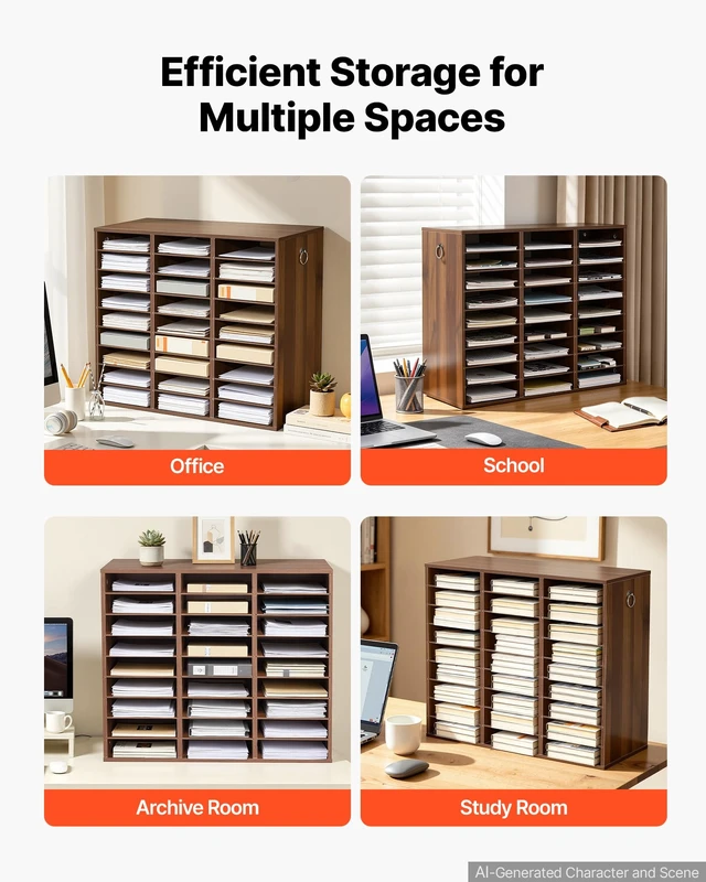 Alt view image 5 of 7 - Wood Literature Organizer 27 Compartments Office Mailboxes Brown Countertop Literature Sorter for Files Documents Papers, with Adjustable Shelves, for Office, Home, Classroom Organization