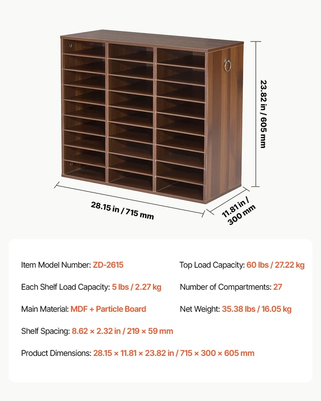 Alt view image 7 of 7 - Wood Literature Organizer 27 Compartments Office Mailboxes Brown Countertop Literature Sorter for Files Documents Papers, with Adjustable Shelves, for Office, Home, Classroom Organization