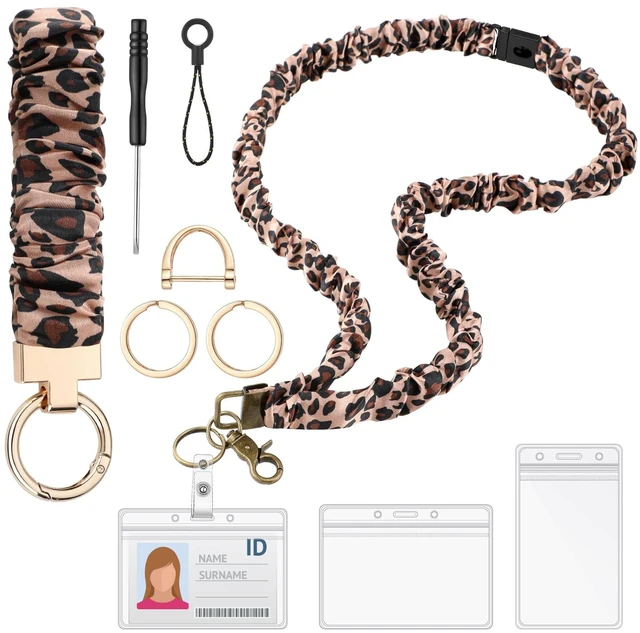 Main image of Teacher Scrunchies Lanyard with Safety Breakaway Buckle Retractable Lanyard Keychain Wristlet Office Gift for Women(Black and Gold,Leopard Style)