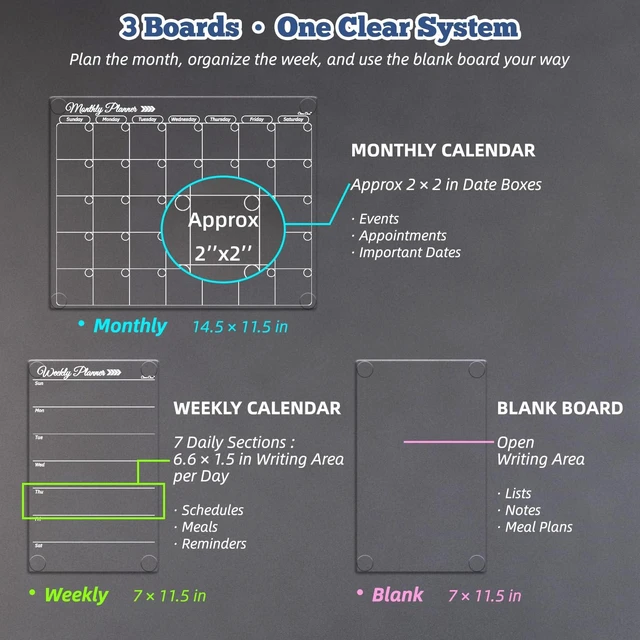 Alt view image 4 of 6 - Clear Non-Magnetic Calendar Set for Fridge - Dry Erase Transparent Monthly, Weekly Calendar and Blank Board - Sticks to Wall, Glass, Door, Any Smooth Surfaces